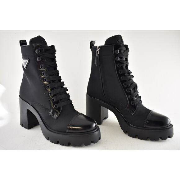 Prada 55MM Logo Lug Sole Platform Black Re-Nylon Leather Ankle Heel Boot 37.5 - Picture 4 of 15